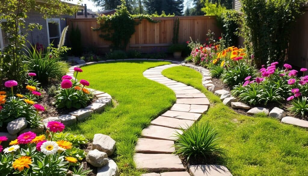 A beautifully landscaped backyard showcasing creative garden edging ideas. In the foreground, vibrant flower beds lined with natural stone borders, featuring a mix of smooth river stones and rustic flagstone. In the middle, a winding path made of terracotta tiles, surrounded by lush green grass and colorful perennials. Soft sunlight bathes the scene, enhancing the freshness of the flowers and the textures of the stones. In the background, a wooden fence with climbing vines adds a touch of charm. The composition captures the inviting atmosphere of a serene outdoor space, perfect for relaxation and gatherings. High-resolution, shot from a slightly elevated angle, emphasizing depth and detail in the garden design.