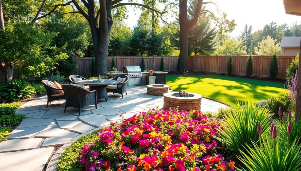 A beautifully landscaped backyard showcasing high-return-on-investment ideas, featuring a cozy, modern patio area with elegant outdoor furniture, surrounded by lush greenery. In the foreground, a paved stone pathway leads to a vibrant flower bed bursting with color, including native plants and low-maintenance shrubs. The middle section displays a built-in barbecue grill and a fire pit, perfect for gatherings. In the background, a well-manicured lawn and a decorative wooden fence create a sense of privacy. Soft, natural sunlight filters through tall trees, casting gentle shadows and enhancing the inviting atmosphere. The scene is captured from a slightly elevated angle to showcase the layout and harmony of the space, evoking a sense of tranquility and warmth.