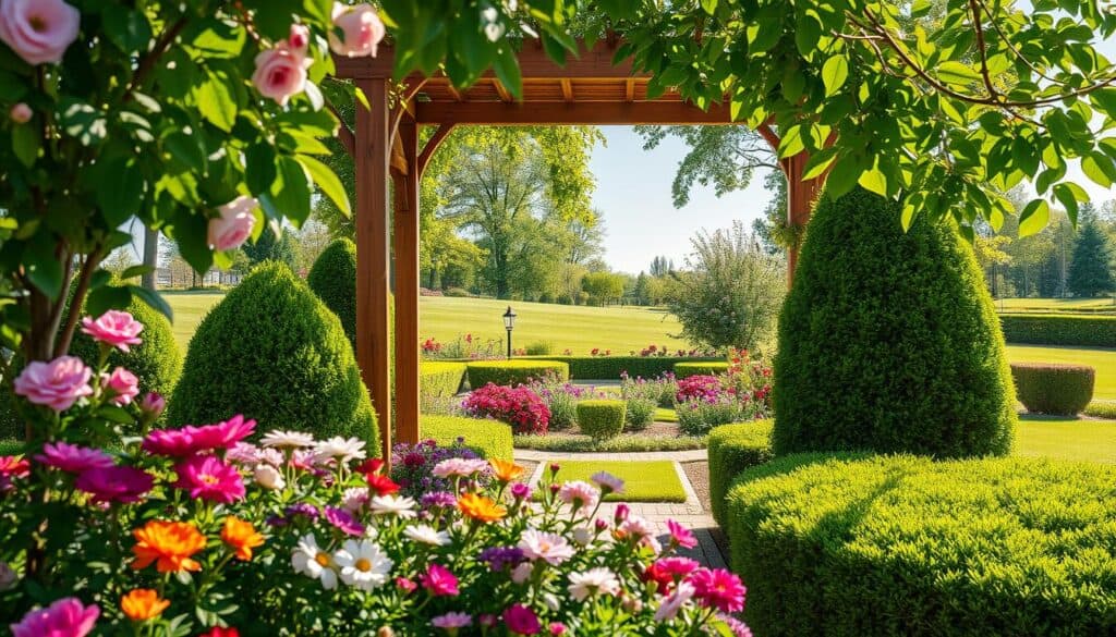 A beautifully landscaped front yard featuring a wooden garden arbor adorned with climbing flowers like roses and clematis. In the foreground, vibrant flower beds bloom with a variety of colorful perennials, while neatly trimmed green shrubs provide structure. The arbor stands as a focal point, framing a serene view of a lush garden or pathway beyond. Soft, dappled sunlight streams through leaves, creating a warm, inviting atmosphere. The background showcases a manicured lawn and a clear blue sky, enhancing the scene's tranquility. Capture the image from a slight angle to emphasize depth, with a focus on the natural textures of the wood and foliage, invoking a sense of peaceful outdoor living. A beautifully landscaped front yard featuring a wooden garden arbor adorned with climbing flowers like roses and clematis. In the foreground, vibrant flower beds bloom with a variety of colorful perennials, while neatly trimmed green shrubs provide structure. The arbor stands as a focal point, framing a serene view of a lush garden or pathway beyond. Soft, dappled sunlight streams through leaves, creating a warm, inviting atmosphere. The background showcases a manicured lawn and a clear blue sky, enhancing the scene's tranquility. Capture the image from a slight angle to emphasize depth, with a focus on the natural textures of the wood and foliage, invoking a sense of peaceful outdoor living.