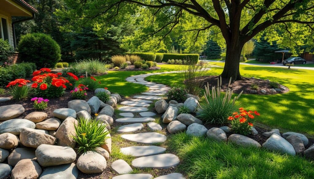 A beautifully landscaped front yard showcasing sustainable curb appeal with carefully arranged river rocks and native plants. In the foreground, smooth, multi-colored river stones create a natural border around vibrant native flowers and hardy shrubs, enhancing the garden beds. The middle ground features a charming pathway made of larger stones, inviting viewers to explore the habitat. Lush greenery fills the background, with a well-kept lawn and a striking tree providing shade. The scene is illuminated by soft sunlight filtering through the leaves, casting gentle shadows that add depth. The mood is serene and inviting, epitomizing the beauty of eco-friendly landscaping. Capture this with a wide-angle lens, highlighting the harmonious blend of natural elements and the well-planned design.