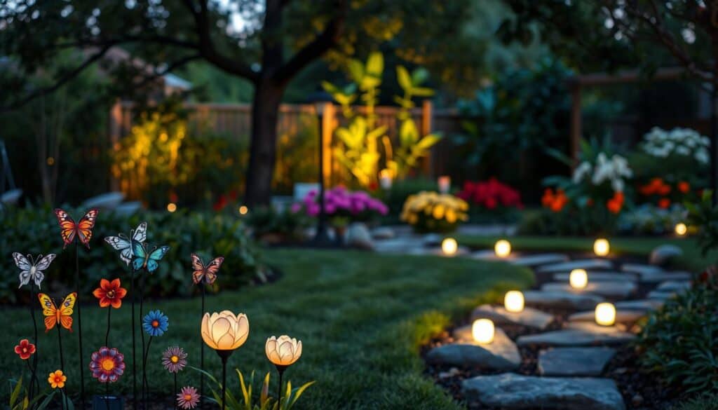 A beautifully landscaped garden at dusk features unique decorative solar garden stakes and hidden solar rock lights designed to enhance outdoor aesthetics. In the foreground, an array of intricately designed garden stakes in vibrant colors, including butterflies and flowers, add personality. Softly glowing solar rock lights artfully scattered throughout the middle ground illuminate pathways and flower beds, creating a warm and inviting atmosphere. The background showcases lush greenery and delicate floral arrangements under soft, natural light filtering through tree branches. The scene captures a tranquil moment, emphasizing the beauty of a well-maintained garden after dark, inviting viewers to appreciate the serene ambiance. Soft sunlight and gentle illumination highlight the craftsmanship of the solar decorations, making the space feel airy and welcoming.