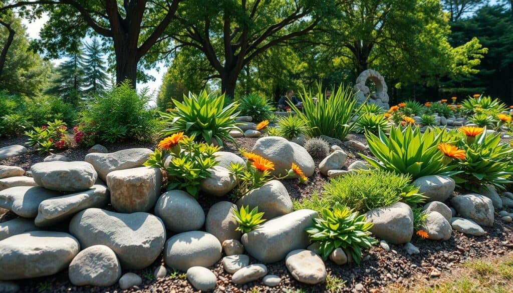 A beautifully landscaped garden bed featuring smooth river rocks delicately placed around native plants, enhancing the natural beauty of the scene. In the foreground, clusters of round, polished stones are arranged artfully, contrasting with vibrant green foliage and colorful native flowers. The middle ground showcases lush plants that thrive in harmony with the rocks, their roots anchored into the soil enriched by the stones above. In the background, soft sunlight filters through nearby trees, casting gentle shadows and highlighting the textures of the rocks and leaves. The atmosphere is tranquil and serene, inviting a sense of calm and connection with nature. The image should be captured with a wide-angle lens, focusing on the intricate details, with bright, natural lighting creating an inviting mood, emphasizing the health benefits of using river rocks in gardening.