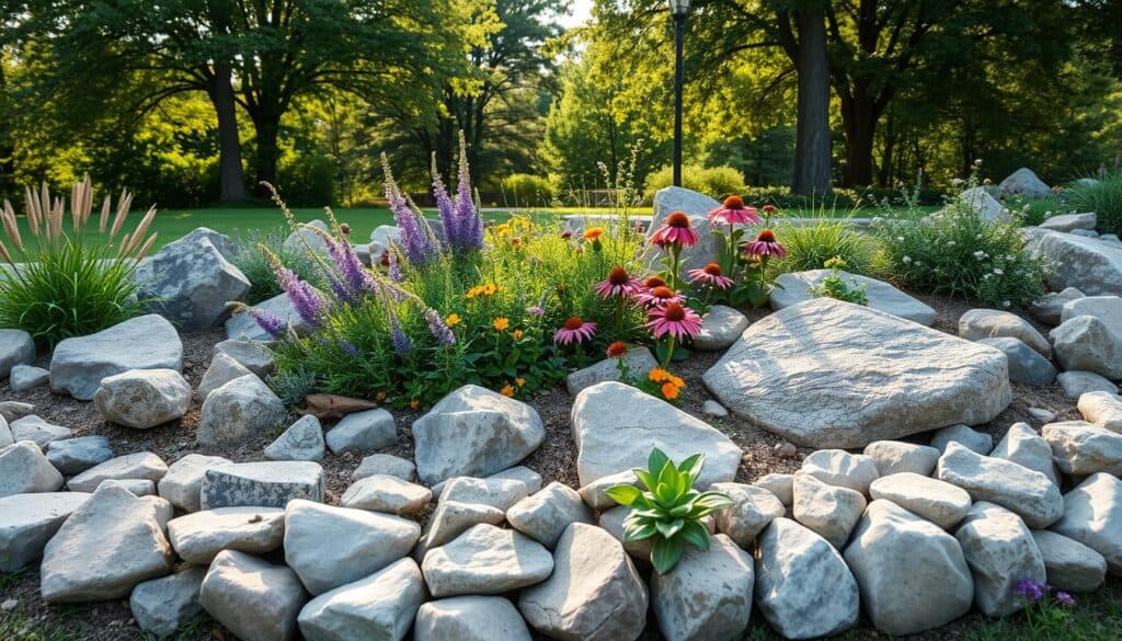 A beautifully landscaped garden bed highlighted by an arrangement of smooth river rocks and lush native plants. In the foreground, the river rocks form a gentle, curving border that contrasts with the vibrant green foliage of native plants like sage, echinacea, and black-eyed Susan. The middle area features a thoughtful mix of textures and colors, showcasing the diverse growth of native species flourishing around the rocks. In the background, soft sunlight filters through nearby trees, casting a warm, inviting glow across the scene. The composition should capture an airy and well-lit atmosphere, emphasizing the natural beauty and harmony between the rocks and plants, photographed from a slightly elevated angle for a clear view of the garden layout. Ideal for illustrating how to blend natural elements effectively in landscaping.