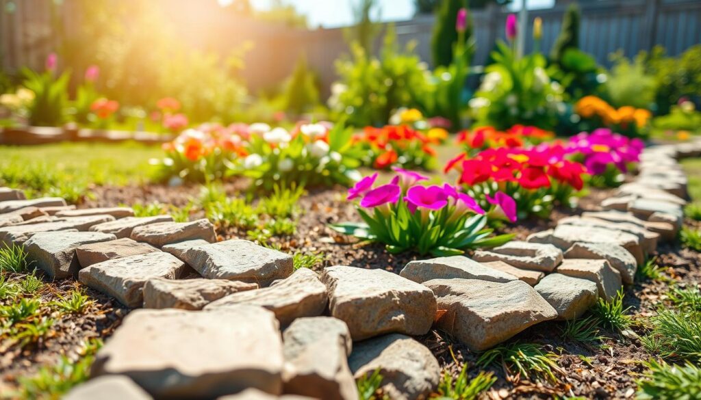 A beautifully landscaped garden featuring DIY garden edging made from natural materials like stone and wood. In the foreground, a close-up of the intricately arranged stone border, highlighting its texture and natural hues. The middle ground showcases vibrant flower beds, with lush greenery and colorful blooms neatly contained by the edging. In the background, a bright, sunny day casts soft sunlight over the scene, creating an airy and inviting atmosphere. The edges of the garden are clearly defined, emphasizing neatness and maintenance. No people are present, allowing the focus to remain solely on the stylish garden edging, evoking a sense of tranquility and care for outdoor spaces. The image captures the harmony of nature and craftsmanship in garden design.