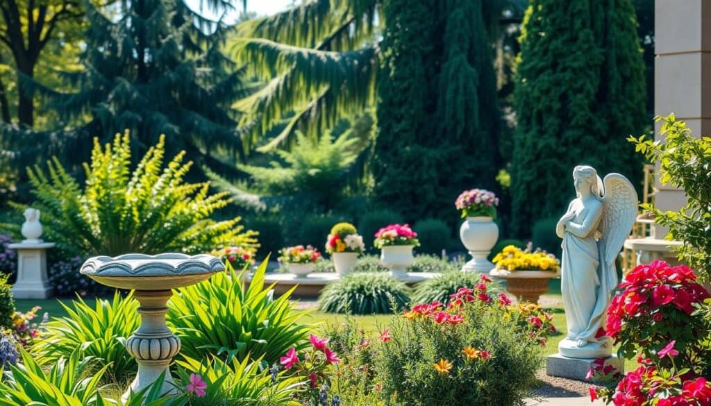 A beautifully landscaped garden featuring a variety of elegant garden statues and accents that exude sophistication, avoiding a cluttered appearance. In the foreground, a tastefully designed stone birdbath and a classic marble angel statue stand gracefully among vibrant green plants and colorful floral accents. The middle section showcases a well-maintained flowerbed with tasteful ceramic planters adorned with seasonal blooms. In the background, tall, graceful trees provide soft dappled sunlight, creating a serene atmosphere. The scene is illuminated by bright natural light, with gentle shadows enhancing the textures of the statues and surrounding nature. The overall mood is tranquil and inviting, emphasizing the beauty and artistry of well-chosen garden decor.