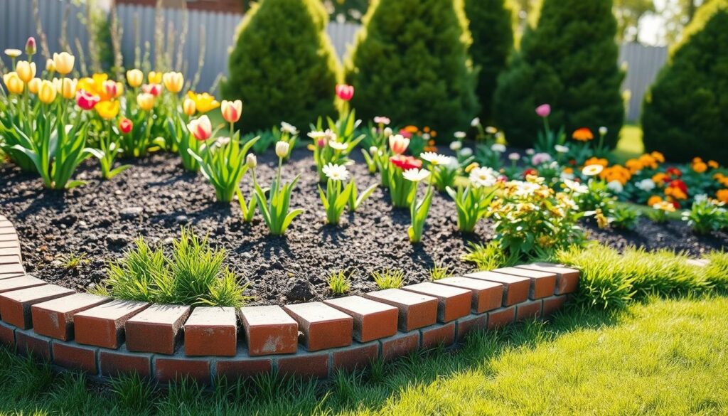 A beautifully landscaped garden featuring classic brick edging, composed of neatly arranged red bricks forming a curved border around vibrant flower beds. In the foreground, the brick edging showcases its rustic texture, partially covered with lush green grass along its base. The middle ground displays flourishing plants and colorful flowers, such as tulips and daisies, thriving in well-tended soil. In the background, soft sunlight illuminates the scene, creating a warm, inviting atmosphere. The garden is surrounded by a few tall shrubs, adding depth and privacy. The image is taken from a slightly elevated angle, capturing the entire layout of the garden, with bright, natural light reflecting off the bricks, evoking a serene and timeless outdoor space.