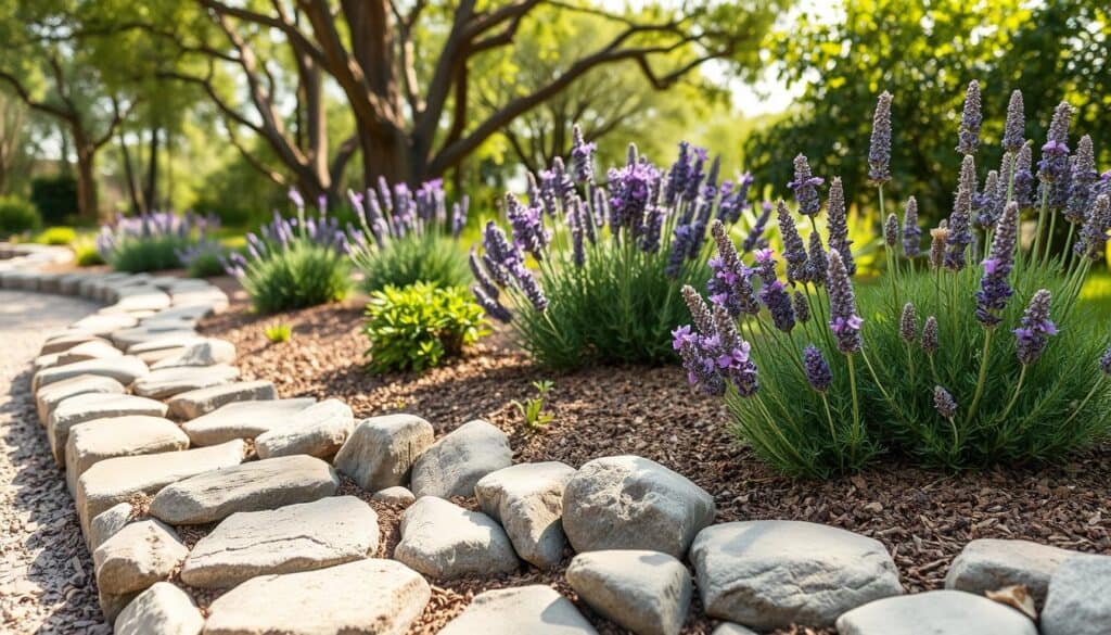 A beautifully landscaped garden featuring defined edging made of smooth river stones, arranged in a natural pattern. In the foreground, the rocks are meticulously placed to form a clear boundary around vibrant native plants like lavender and sage, showcasing their lush greenery and colorful blooms. In the middle ground, the garden bed has a rich layer of mulch or soil, enhancing the organic feel. In the background, soft, diffused sunlight filters through trees, creating a serene and inviting atmosphere. The scene is bright and airy, evoking a sense of tranquility. The use of a wide-angle lens captures both the details of the stones and the overall layout of the garden, emphasizing harmony between hardscaping and softscaping.