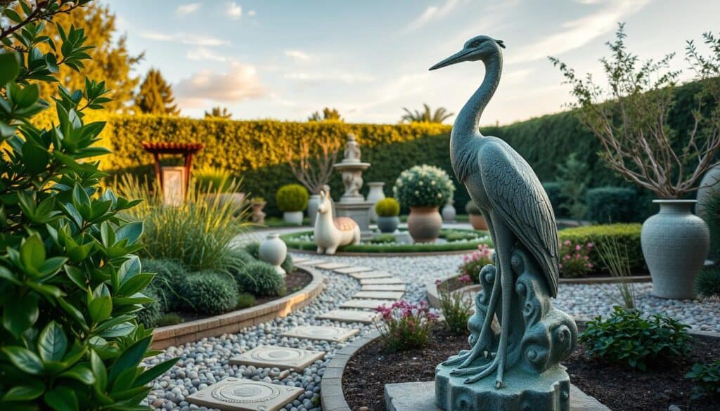 A beautifully landscaped garden featuring elegant premium decorations that exude sophistication. In the foreground, an intricately designed stone or bronze statue of a graceful animal, such as a heron or deer, complements lush green foliage and neatly trimmed flower beds. In the middle, a collection of artisanal garden accents like handcrafted ceramic pots and meticulously arranged pebble pathways enhance the serene atmosphere. The background showcases a softly illuminated sky during golden hour, casting warm, natural light over the entire scene. Capture the image using a slight tilt-angle to emphasize depth, focusing on the textures and details of the decor. The overall mood should be tranquil and inviting, suggesting a refined outdoor aesthetic that harmonizes with nature.
