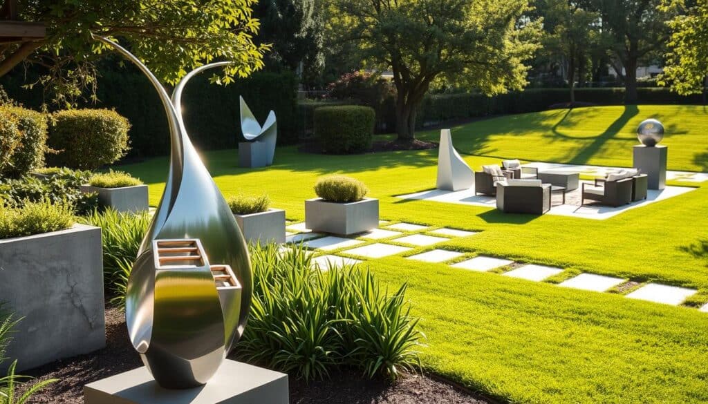 A beautifully landscaped garden featuring high-quality yard sculptures and elegant lawn features, showcasing modern abstract and contemporary pieces. In the foreground, an artistic, polished stainless steel sculpture with fluid curves reflects the soft sunlight. Surrounding it, sleek stone garden accents and minimalist planters filled with vibrant greenery add sophistication. The middle ground features a serene pathway lined with geometric sculptures and contemporary outdoor furniture, inviting relaxation. In the background, a manicured lawn and trees provide a lush, tranquil ambiance. The lighting is bright and natural, capturing the crisp details and textures of the materials. The atmosphere is serene and inviting, emphasizing the harmony between art and nature in a well-curated outdoor space.