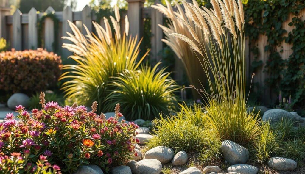A beautifully landscaped garden featuring native shrubs and ornamental grasses. In the foreground, clusters of vibrant native plants such as sage and milkweed create a lush and inviting atmosphere. Surrounding them, smooth river rocks add an earthy texture, interspersed between the plantings. The middle ground showcases tall ornamental grasses swaying gently in a soft breeze, reflecting sunlight in shades of golden brown. The background features a softly blurred view of a wooden garden fence, adorned with climbing vines, providing a sense of depth. The scene is bathed in bright, natural light with soft sunlight filtering through, creating a warm and serene ambiance. The image captures the essence of a harmonious, eco-friendly garden design, inviting viewers to appreciate the beauty of native plant landscaping.