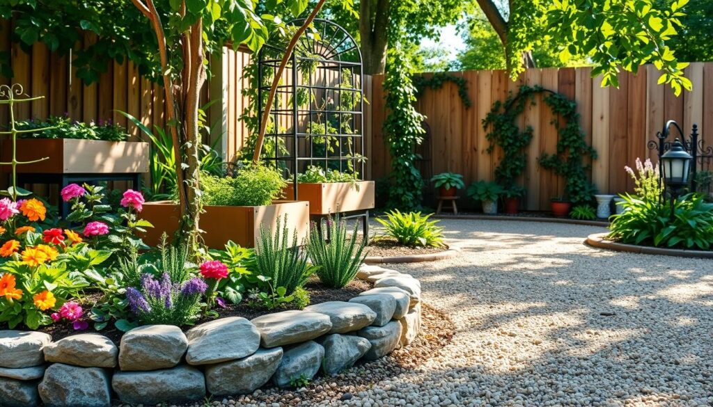 A beautifully landscaped garden featuring various innovative garden edging ideas. In the foreground, showcase a charming stone border neatly enclosing colorful flower beds, with vibrant blooms and leafy greens spilling over the edge. The middle ground features raised wooden planters filled with herbs, enhancing vertical gardening. A wrought iron trellis adorned with climbing vines adds height and visual interest. In the background, a serene pathway of gravel leading to a wooden fence creates depth. The entire scene is bathed in bright natural light with soft sunlight filtering through the leaves, creating an airy and inviting atmosphere. Focus on realistic textures and colors to emphasize the beauty of well-planned outdoor decor, avoiding clutter for a tidy, organized look.