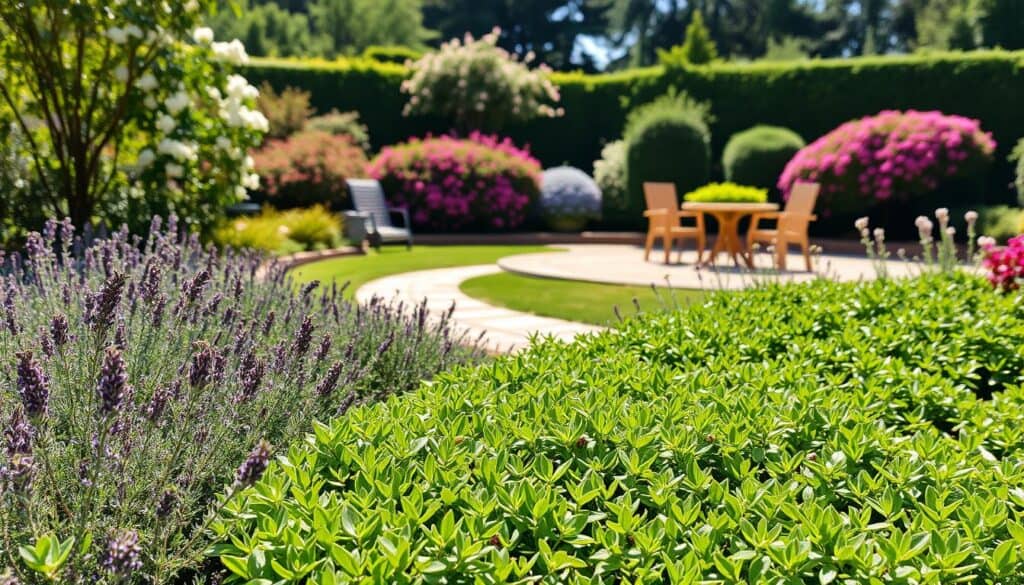 A beautifully landscaped garden featuring vibrant low-growing plants forming a natural living edge. In the foreground, lush greenery with a variety of colorful flowers, such as lavender and creeping thyme, intertwining along a defined border. The middle ground showcases a gently winding path made of natural stone, leading to a serene seating area adorned with rustic wooden furniture. In the background, an array of softly blurred flowering shrubs and trees, bathed in bright, natural light with soft sunlight filtering through the leaves, creating a warm and inviting atmosphere. The composition should evoke a sense of tranquility and harmony with nature, captured from a slight elevated angle for depth. A beautifully landscaped garden featuring vibrant low-growing plants forming a natural living edge. In the foreground, lush greenery with a variety of colorful flowers, such as lavender and creeping thyme, intertwining along a defined border. The middle ground showcases a gently winding path made of natural stone, leading to a serene seating area adorned with rustic wooden furniture. In the background, an array of softly blurred flowering shrubs and trees, bathed in bright, natural light with soft sunlight filtering through the leaves, creating a warm and inviting atmosphere. The composition should evoke a sense of tranquility and harmony with nature, captured from a slight elevated angle for depth.