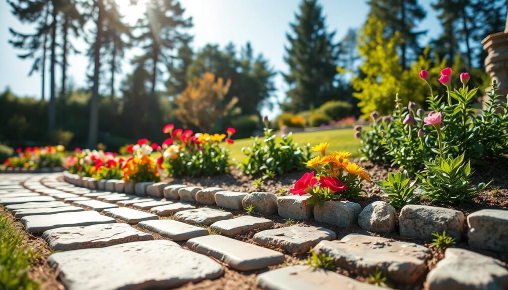 A beautifully landscaped garden that showcases the aesthetic appeal of stone and edging design. In the foreground, neatly arranged stones create paths and borders, with vibrant flowers in hues of red, yellow, and purple nestled alongside. The middle ground features lush greenery interspersed with decorative stone edging that enhances the garden's elegance. The background reveals a soft-focus view of tall trees and a clear blue sky, illuminated by bright, natural sunlight that casts gentle shadows. The atmosphere is serene and welcoming, ideal for outdoor relaxation. Captured from a low angle, emphasizing the texture of the stones and the colors of the plants, this image embodies the idea of enhancing garden aesthetics in a charming and inviting way.