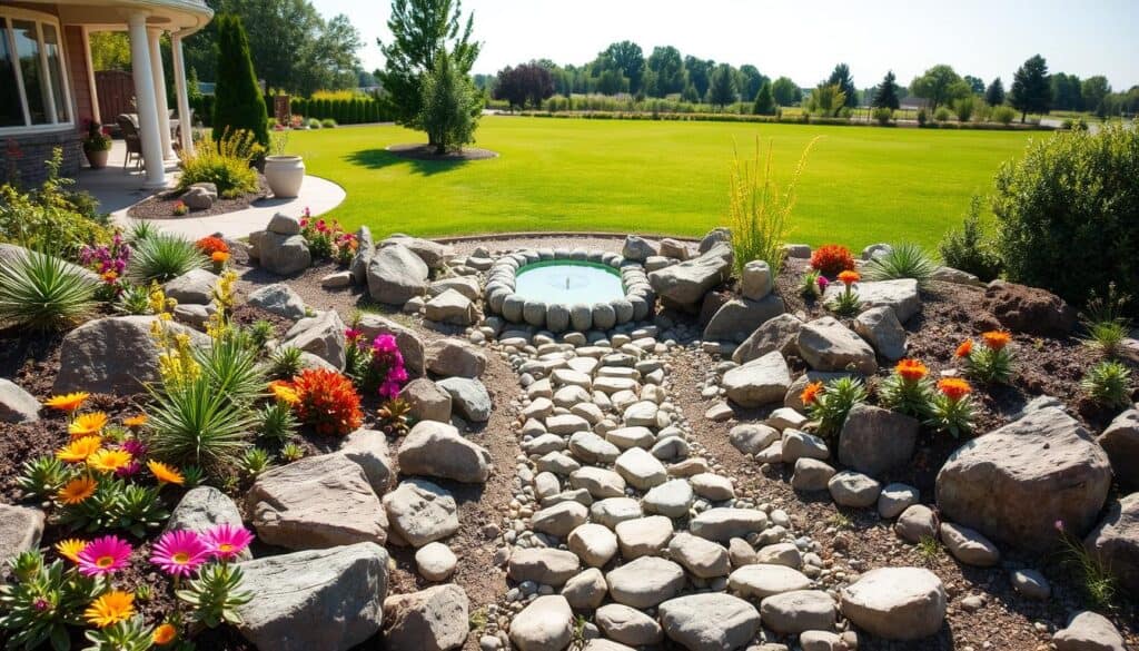 A beautifully landscaped rock garden positioned in a charming backyard setting, featuring an array of colorful succulents and hardy plants nestled between artistically placed natural stones. In the foreground, vibrant flowers bloom, adding splashes of color against the earthy tones of the rocks. The middle ground showcases smooth pebbles forming a winding path leading to a tranquil water feature, creating a serene focal point. The background captures a lush green lawn and some distant trees under a bright, clear sky, with soft sunlight filtering through. The image is taken from a slightly elevated angle, allowing for a comprehensive view of the garden's layout, conveying a warm and inviting atmosphere perfect for any home. A beautifully landscaped rock garden positioned in a charming backyard setting, featuring an array of colorful succulents and hardy plants nestled between artistically placed natural stones. In the foreground, vibrant flowers bloom, adding splashes of color against the earthy tones of the rocks. The middle ground showcases smooth pebbles forming a winding path leading to a tranquil water feature, creating a serene focal point. The background captures a lush green lawn and some distant trees under a bright, clear sky, with soft sunlight filtering through. The image is taken from a slightly elevated angle, allowing for a comprehensive view of the garden's layout, conveying a warm and inviting atmosphere perfect for any home.