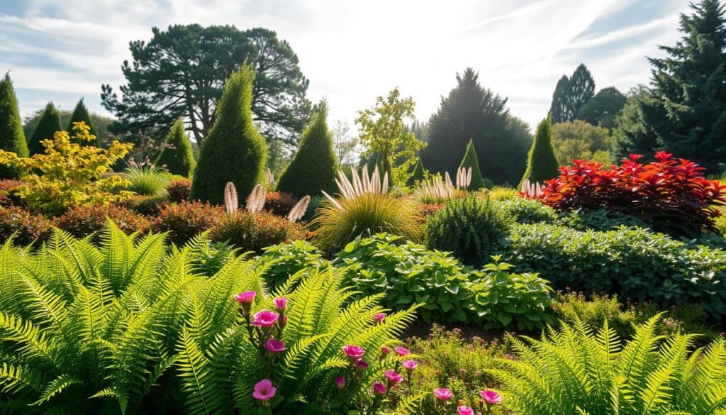 A beautifully layered garden scene showcasing a variety of plants suitable for background landscaping. In the foreground, vibrant ferns and flowering ground cover plants create a lush base, while in the middle layer, taller shrubs and small ornamental trees provide structure and height. The background features a gentle gradient of larger trees leading up to a soft sky, punctuated by wispy clouds. The lighting is bright and natural, with soft sunlight filtering through the leaves, creating a warm, inviting atmosphere. The composition is captured with a slightly elevated perspective, allowing each layer of plants to be visible and distinct. The overall mood is serene and harmonious, emphasizing a well-planned garden layout.