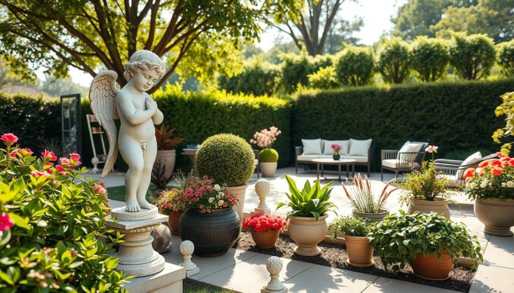 A beautifully maintained garden featuring elegant statues and chic patio decor. In the foreground, a classic stone statue of a graceful cherub stands amidst vibrant, well-tended floral arrangements. Surrounding it, stylish pots with lush greenery and colorful blooms complement the scene. In the middle ground, a tastefully arranged patio area showcases modern outdoor furniture, highlighting tranquil seating amidst a backdrop of manicured hedges. In the background, gentle sunlight filters through overhead trees, casting dappled light across the scene, enhancing the tranquil ambiance. The overall mood is serene and inviting, emphasizing the importance of maintenance with a focus on classy design. The composition is captured from a low angle, showcasing the textures of the decor and plants, in bright, soft natural light for an airy feel.
