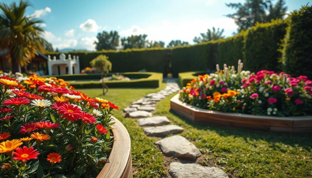A beautifully maintained garden showcasing defined borders that enhance the aesthetic of lush flower beds. In the foreground, vibrant blooming flowers in various colors, neatly bordered by elegantly arranged wooden planks, complementing the natural greenery. The middle ground features meticulously arranged stones forming a natural path, leading through the garden, while neatly clipped hedges provide structure and contrast. In the background, a soft, sunny blue sky with gentle clouds illuminates the scene, creating a warm and inviting atmosphere. The garden is bathed in bright, natural light with soft sunlight, emphasizing the textures and colors. Capture this serene setting at a slight angle to highlight the depth and layers of the garden, conveying tranquility and order.