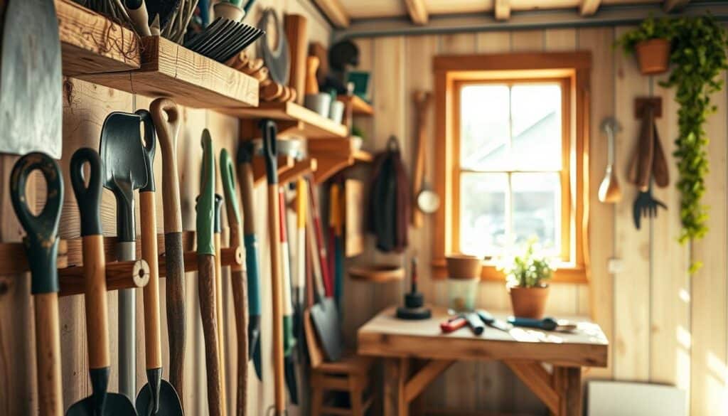 A beautifully organized garden tool storage area made from scrap wood, featuring a mix of rustic wooden shelves and wall-mounted hooks neatly displaying various gardening tools. In the foreground, a close-up of hand-crafted wooden tool holders shows shovels, rakes, and pruning shears. The middle ground highlights a workbench made of reclaimed wood, with additional tools and a small potted plant for a touch of greenery. In the background, bright natural light filters through an open window, creating an airy, well-lit ambiance that enhances the cozy DIY atmosphere. The image captures a sense of preparedness and creativity, inviting viewers to envision their own garden projects. Soft sunlight casts gentle shadows, accentuating the textures of the wood. A beautifully organized garden tool storage area made from scrap wood, featuring a mix of rustic wooden shelves and wall-mounted hooks neatly displaying various gardening tools. In the foreground, a close-up of hand-crafted wooden tool holders shows shovels, rakes, and pruning shears. The middle ground highlights a workbench made of reclaimed wood, with additional tools and a small potted plant for a touch of greenery. In the background, bright natural light filters through an open window, creating an airy, well-lit ambiance that enhances the cozy DIY atmosphere. The image captures a sense of preparedness and creativity, inviting viewers to envision their own garden projects. Soft sunlight casts gentle shadows, accentuating the textures of the wood.