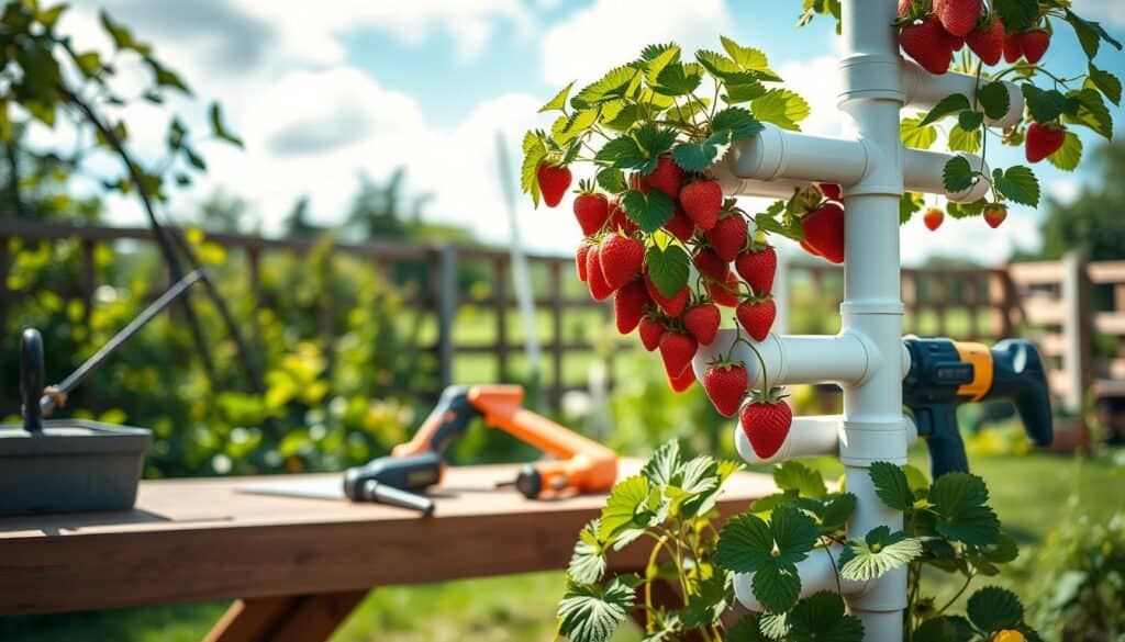 A beautifully organized outdoor setting featuring a DIY strawberry tower planter made from PVC pipe, showcasing multiple tiers filled with vibrant strawberry plants. The foreground presents a close-up of the planter, highlighting the texture of the PVC and the rich green leaves and red strawberries. In the middle, display tools like a saw and a drill, neatly arranged on a wooden workbench, suggesting a hands-on project. The background should include a sunny garden scene with a blue sky and soft clouds, creating a cheerful and inviting atmosphere. The lighting is bright and natural, casting soft shadows that enhance the details of the materials. The angle captures the project from a slightly elevated position, giving a comprehensive view of the planter's design while evoking a sense of accomplishment and creativity. A beautifully organized outdoor setting featuring a DIY strawberry tower planter made from PVC pipe, showcasing multiple tiers filled with vibrant strawberry plants. The foreground presents a close-up of the planter, highlighting the texture of the PVC and the rich green leaves and red strawberries. In the middle, display tools like a saw and a drill, neatly arranged on a wooden workbench, suggesting a hands-on project. The background should include a sunny garden scene with a blue sky and soft clouds, creating a cheerful and inviting atmosphere. The lighting is bright and natural, casting soft shadows that enhance the details of the materials. The angle captures the project from a slightly elevated position, giving a comprehensive view of the planter's design while evoking a sense of accomplishment and creativity.