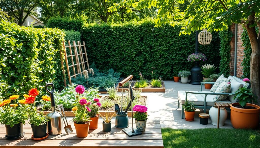 A beautifully organized section of a garden featuring efficient clutter solutions, showcasing a serene outdoor space. In the foreground, neatly arranged pots of vibrant flowers sit on a rustic wooden table, alongside stylish garden tools and equipment. The middle ground features a vibrant vegetable patch, with trellises supporting climbing plants, all in perfect order. In the background, a lush green hedge frames the scene, while a cozy seating area with chic, minimalistic furniture invites relaxation amidst greenery. The image is bathed in soft, natural sunlight filtering through tree leaves, creating a calm, welcoming atmosphere. Shot from a slightly elevated angle to capture the layout effectively and convey the feeling of openness and organization.