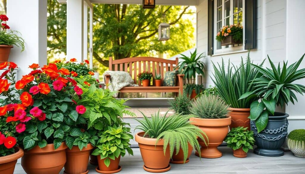 A beautifully staged front porch featuring an assortment of potted plant arrangements in various decorative containers. In the foreground, vibrant flowers like petunias and marigolds spill over terracotta pots, contrasting with lush green ferns and succulents placed elegantly. In the middle ground, a charming wooden bench is adorned with additional pots, providing a cozy seating area. The background showcases a well-kept garden path leading to a welcoming front door framed by soft natural light and dappled sunlight filtering through nearby trees. The atmosphere feels fresh and inviting, embodying curb appeal. Capture this scene with a wide-angle lens to emphasize depth and detail, highlighting the harmonious blend of plants and home décor. A beautifully staged front porch featuring an assortment of potted plant arrangements in various decorative containers. In the foreground, vibrant flowers like petunias and marigolds spill over terracotta pots, contrasting with lush green ferns and succulents placed elegantly. In the middle ground, a charming wooden bench is adorned with additional pots, providing a cozy seating area. The background showcases a well-kept garden path leading to a welcoming front door framed by soft natural light and dappled sunlight filtering through nearby trees. The atmosphere feels fresh and inviting, embodying curb appeal. Capture this scene with a wide-angle lens to emphasize depth and detail, highlighting the harmonious blend of plants and home décor.