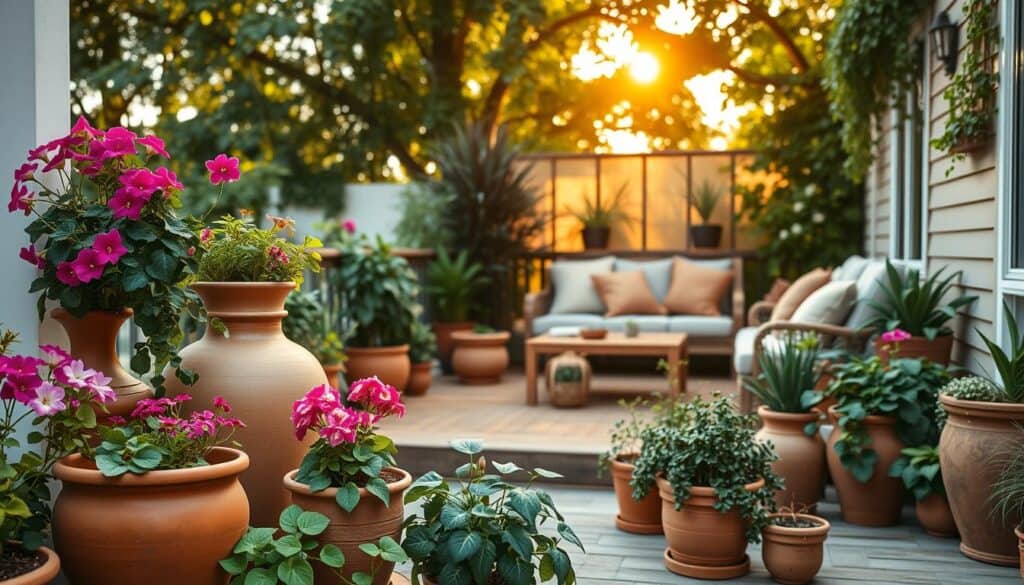 A beautifully styled patio featuring an array of potted plants that showcase designer flair. In the foreground, elegant terracotta and ceramic pots of varying heights and sizes, filled with vibrant flowers like geraniums and cascading vines. The middle ground showcases a wooden deck with a cozy seating area adorned with plush cushions in earthy tones, surrounded by lush greenery. The background reveals a softly glowing sunset filtering through leaves, casting warm, natural light over the scene. Capture the atmosphere of relaxation and creativity, with an emphasis on a harmonious blend of nature and design. The angle should be slightly elevated to provide a comprehensive view of the entire setup, ensuring a bright, airy aesthetic without any distractions or text elements. A beautifully styled patio featuring an array of potted plants that showcase designer flair. In the foreground, elegant terracotta and ceramic pots of varying heights and sizes, filled with vibrant flowers like geraniums and cascading vines. The middle ground showcases a wooden deck with a cozy seating area adorned with plush cushions in earthy tones, surrounded by lush greenery. The background reveals a softly glowing sunset filtering through leaves, casting warm, natural light over the scene. Capture the atmosphere of relaxation and creativity, with an emphasis on a harmonious blend of nature and design. The angle should be slightly elevated to provide a comprehensive view of the entire setup, ensuring a bright, airy aesthetic without any distractions or text elements.
