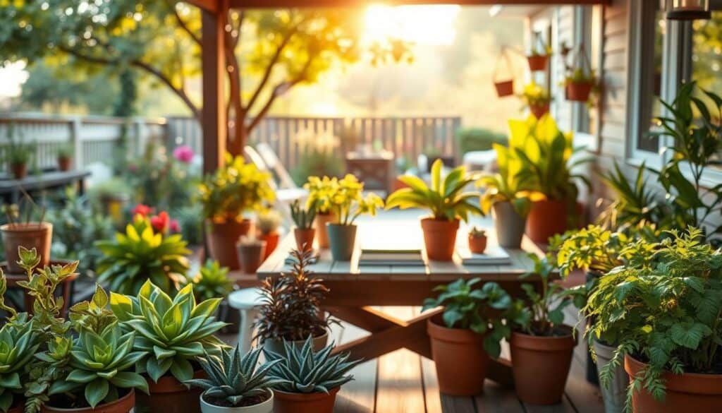 A beautifully styled patio scene showcasing various potted plants representing different sunlight requirements. In the foreground, vibrant potted plants thrive in natural light, including sun-loving succulents, shade-tolerant ferns, and medium-light herbs arranged artistically. The middle ground features a wooden patio table adorned with gardening tools and plant care books, softly illuminated by the golden hour sunlight filtering through nearby trees. The background presents a charming view of a cozy garden setting, with soft bokeh effects enhancing the ambiance. The overall atmosphere is bright, airy, and inviting, capturing the essence of a well-curated outdoor space. The scene is shot from a slightly elevated angle, emphasizing the arrangement of plants with warm, natural lighting that highlights their colors and textures. No text or logos are included. A beautifully styled patio scene showcasing various potted plants representing different sunlight requirements. In the foreground, vibrant potted plants thrive in natural light, including sun-loving succulents, shade-tolerant ferns, and medium-light herbs arranged artistically. The middle ground features a wooden patio table adorned with gardening tools and plant care books, softly illuminated by the golden hour sunlight filtering through nearby trees. The background presents a charming view of a cozy garden setting, with soft bokeh effects enhancing the ambiance. The overall atmosphere is bright, airy, and inviting, capturing the essence of a well-curated outdoor space. The scene is shot from a slightly elevated angle, emphasizing the arrangement of plants with warm, natural lighting that highlights their colors and textures. No text or logos are included.