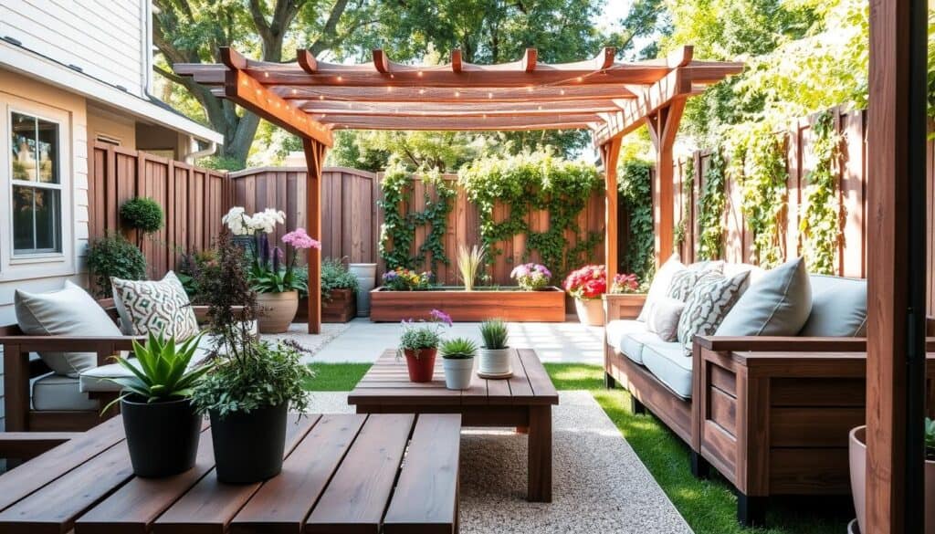 A beautifully transformed backyard on a budget, featuring a cozy outdoor living room setup. In the foreground, a stylish wooden coffee table adorned with potted plants, surrounded by comfortable, modestly designed seating like an outdoor sofa with soft cushions. In the middle ground, a rustic wooden pergola draped with fairy lights for a warm ambiance, creating a welcoming atmosphere. Lush greenery and colorful flowers in raised garden beds add vibrancy. In the background, a quaint fence with climbing vines under bright, natural sunlight, enhancing the airy and inviting feel. Capture this scene from a slightly elevated angle to showcase the layout and depth, emphasizing the pleasant and relaxing mood of the outdoor space. A beautifully transformed backyard on a budget, featuring a cozy outdoor living room setup. In the foreground, a stylish wooden coffee table adorned with potted plants, surrounded by comfortable, modestly designed seating like an outdoor sofa with soft cushions. In the middle ground, a rustic wooden pergola draped with fairy lights for a warm ambiance, creating a welcoming atmosphere. Lush greenery and colorful flowers in raised garden beds add vibrancy. In the background, a quaint fence with climbing vines under bright, natural sunlight, enhancing the airy and inviting feel. Capture this scene from a slightly elevated angle to showcase the layout and depth, emphasizing the pleasant and relaxing mood of the outdoor space.