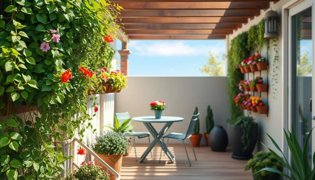 A beautifully transformed small patio featuring a lush vertical garden as the centerpiece. In the foreground, vibrant green plants cascade from wall-mounted planters filled with colorful flowers, adding a touch of nature. The middle ground shows a cozy patio table set with modern chairs, surrounded by potted plants. In the background, a soft blue sky is visible, with bright, natural light illuminating the scene and creating a warm, inviting atmosphere. The composition is taken from a slightly elevated angle, emphasizing the height of the vertical garden and the overall liveliness of the space. The mood is serene and refreshing, showcasing how the vertical garden dramatically enhances the patio’s charm and functionality.
