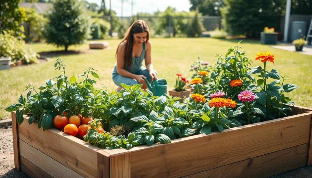 A beginner's raised bed garden showcasing a vibrant array of vegetables and flowers, designed for companion planting. In the foreground, a neatly constructed wooden raised bed filled with lush, green plants like tomatoes, basil, and marigolds, demonstrating their beneficial relationships. In the middle ground, a gardener in modest casual clothing kneels beside the bed, gently tending to the plants, surrounded by gardening tools and a watering can. The background features a sunny backyard with a well-maintained lawn, bright natural light filtering through soft clouds, creating an inviting atmosphere. The scene captures the essence of gardening simplicity and harmony, with an emphasis on growth and nurturing, taken from a slightly elevated angle for a comprehensive view. A beginner's raised bed garden showcasing a vibrant array of vegetables and flowers, designed for companion planting. In the foreground, a neatly constructed wooden raised bed filled with lush, green plants like tomatoes, basil, and marigolds, demonstrating their beneficial relationships. In the middle ground, a gardener in modest casual clothing kneels beside the bed, gently tending to the plants, surrounded by gardening tools and a watering can. The background features a sunny backyard with a well-maintained lawn, bright natural light filtering through soft clouds, creating an inviting atmosphere. The scene captures the essence of gardening simplicity and harmony, with an emphasis on growth and nurturing, taken from a slightly elevated angle for a comprehensive view.