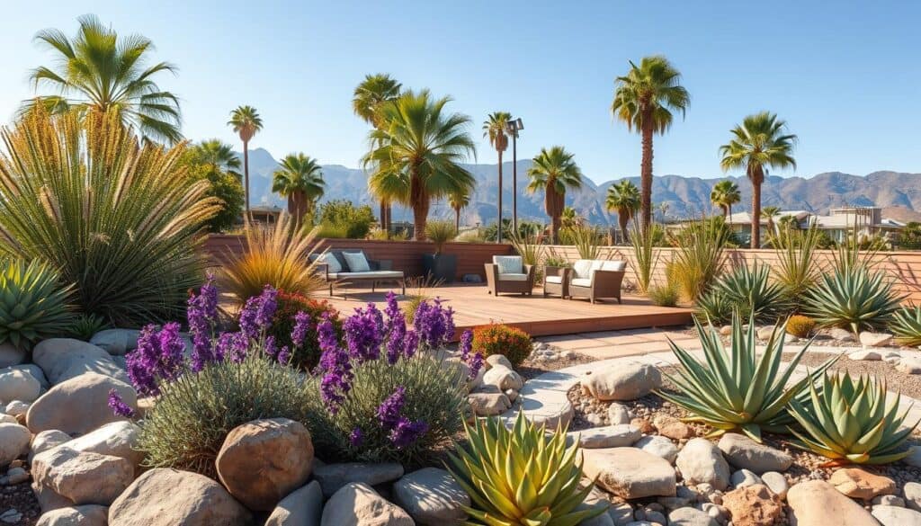 A breathtaking drought-tolerant landscaping scene designed as a sustainable backyard oasis. In the foreground, vibrant succulents and colorful drought-resistant flowers, such as lavender and agave, are artfully arranged among smooth river stones. The middle ground features a wooden deck with a stylish outdoor seating area, surrounded by native grasses and ornamental plants that thrive in dry conditions. In the background, tall, sun-drenched palm trees sway gently against a bright blue sky, with distant mountains providing a serene backdrop. The composition captures the warm glow of soft sunlight filtering through the leaves, creating a calm and inviting atmosphere. The image is shot at a slight angle with a wide lens to emphasize the spaciousness and beauty of this eco-friendly landscape, illustrating the harmony between nature and design.