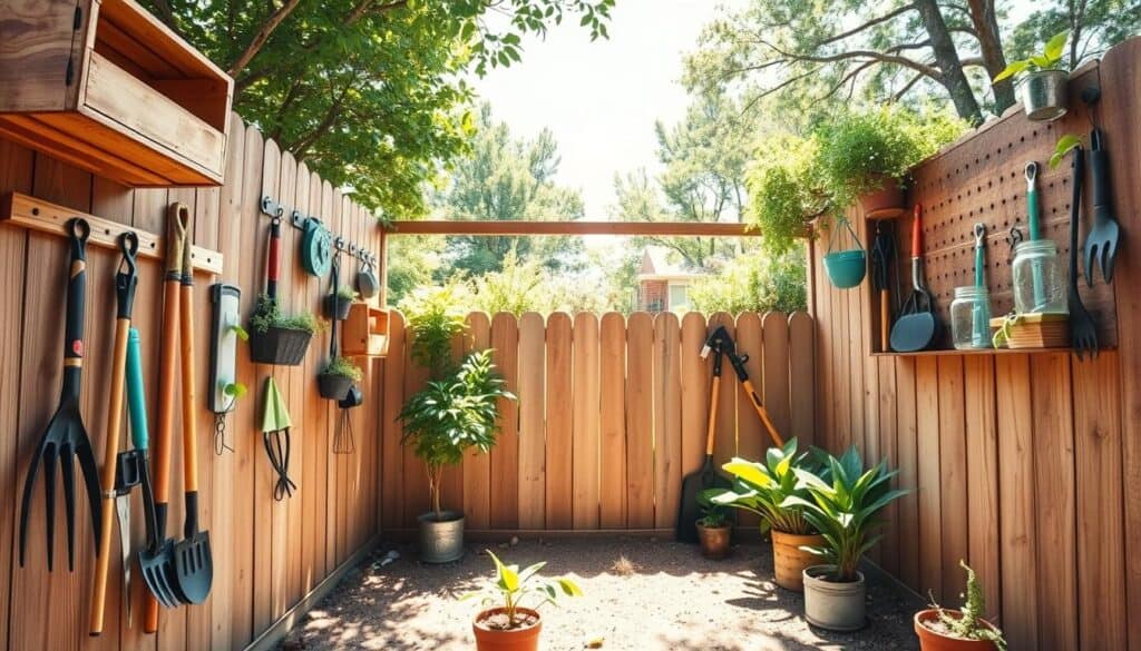 A bright, airy backyard scene showcasing creative fence-mounted storage hacks for garden tools. In the foreground, a rustic wooden fence adorned with various DIY storage solutions, such as hanging wooden crates, pegboards with hooks, and mason jars filled with gardening tools. The middle area features vibrant green plants and garden accessories, adding a touch of nature. The background reveals a sunny sky and soft sunlight filtering through trees, enhancing the warm atmosphere. Capture the scene with a wide-angle lens to emphasize depth, using natural lighting to create soft shadows and highlights, evoking a cheerful, organized, and inviting garden space for DIY enthusiasts. A bright, airy backyard scene showcasing creative fence-mounted storage hacks for garden tools. In the foreground, a rustic wooden fence adorned with various DIY storage solutions, such as hanging wooden crates, pegboards with hooks, and mason jars filled with gardening tools. The middle area features vibrant green plants and garden accessories, adding a touch of nature. The background reveals a sunny sky and soft sunlight filtering through trees, enhancing the warm atmosphere. Capture the scene with a wide-angle lens to emphasize depth, using natural lighting to create soft shadows and highlights, evoking a cheerful, organized, and inviting garden space for DIY enthusiasts.