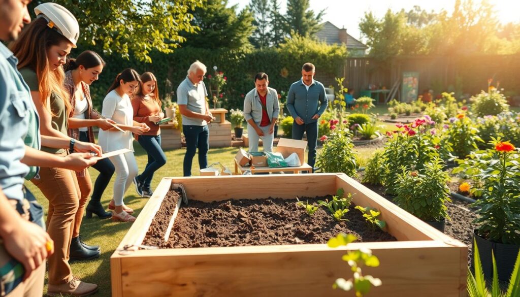 A bright, airy backyard scene showcasing the process of building a raised bed garden. In the foreground, a diverse group of people, dressed in professional casual attire, are collaborating to assemble wooden planks for the raised bed, with a mix of tools like a measuring tape and a saw nearby. In the middle ground, a partially assembled raised bed is filled with rich soil, surrounded by various seeds and gardening supplies, reflecting a hands-on project spirit. The background features a lush garden with greenery and colorful flowers under soft sunlight, creating a warm and inviting atmosphere. The perspective is from a slightly elevated angle, capturing both the teamwork and the serene garden setting, all depicted in realistic detail.