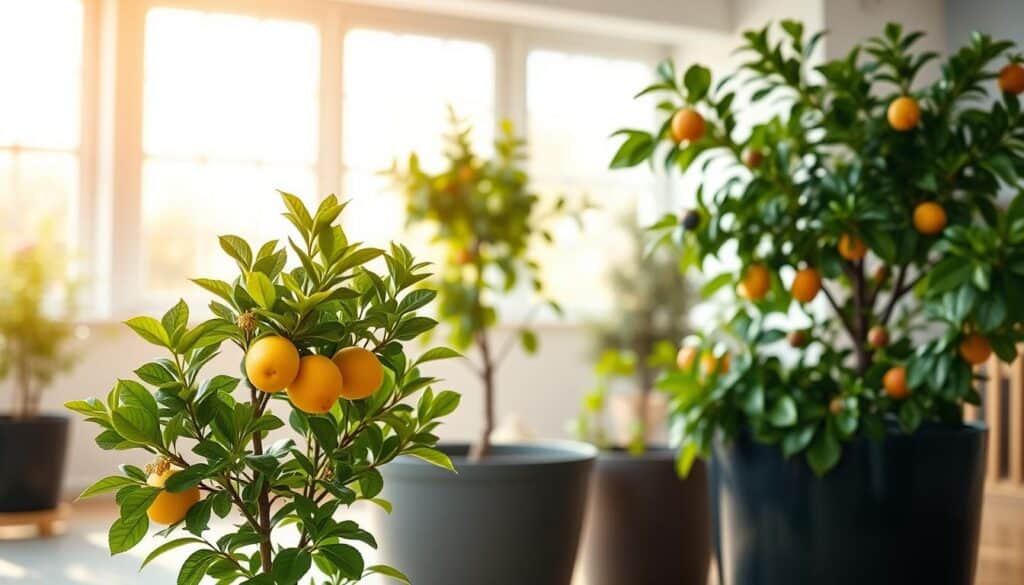 A bright, airy indoor setting showcasing a variety of compact fruit trees thriving in large, stylish containers. In the foreground, feature a dwarf lemon tree with glossy green leaves and vibrant yellow fruit, alongside a small apple tree with delicate blossoms. The middle ground includes a fig tree and a petite nectarine tree, both bursting with lush foliage. In the background, softly blurred large windows allow warm, natural sunlight to flood the room, creating a cheerful atmosphere. The scene conveys a sense of tranquility and abundance, ideal for urban gardeners. The lighting is soft and diffused, highlighting the textures of the leaves and fruits. The composition emphasizes the beauty of compact gardening, with an inviting and homely feel. A bright, airy indoor setting showcasing a variety of compact fruit trees thriving in large, stylish containers. In the foreground, feature a dwarf lemon tree with glossy green leaves and vibrant yellow fruit, alongside a small apple tree with delicate blossoms. The middle ground includes a fig tree and a petite nectarine tree, both bursting with lush foliage. In the background, softly blurred large windows allow warm, natural sunlight to flood the room, creating a cheerful atmosphere. The scene conveys a sense of tranquility and abundance, ideal for urban gardeners. The lighting is soft and diffused, highlighting the textures of the leaves and fruits. The composition emphasizes the beauty of compact gardening, with an inviting and homely feel.