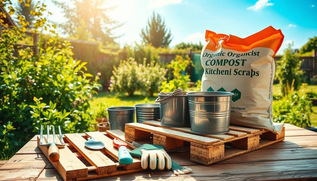 A bright, airy scene showcasing essential tools and materials for a weekend compost project. In the foreground, a wooden pallet, partially disassembled, is surrounded by a garden fork, hand trowel, and gloves, neatly arranged on a rustic wooden table. In the middle ground, a large, open bag of organic compost sits beside various containers for kitchen scraps, like a metal pail and a plastic bin. The background features a lush garden with greenery, and a gentle blue sky illuminated by soft sunlight, casting a warm glow over the setting. The image conveys a sense of productivity and readiness, emphasizing the DIY spirit of the project. A bright, airy scene showcasing essential tools and materials for a weekend compost project. In the foreground, a wooden pallet, partially disassembled, is surrounded by a garden fork, hand trowel, and gloves, neatly arranged on a rustic wooden table. In the middle ground, a large, open bag of organic compost sits beside various containers for kitchen scraps, like a metal pail and a plastic bin. The background features a lush garden with greenery, and a gentle blue sky illuminated by soft sunlight, casting a warm glow over the setting. The image conveys a sense of productivity and readiness, emphasizing the DIY spirit of the project.