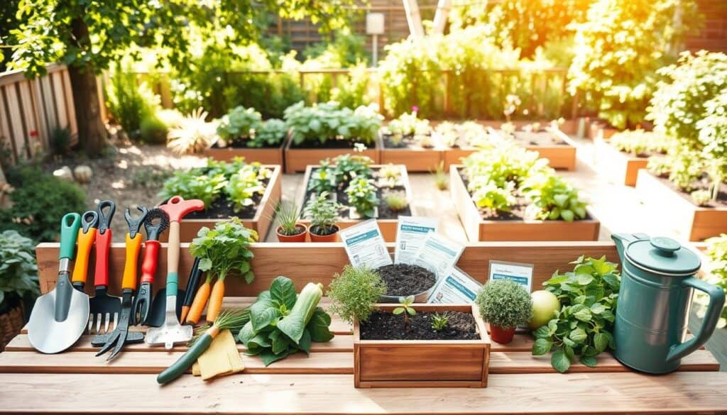 A bright and airy garden workspace featuring essential tools for beginner gardeners. In the foreground, a wooden garden bench displays a colorful array of essential tools: a trowel, pruning shears, a hand rake, gloves, and a watering can, all arranged neatly. In the middle ground, freshly potted herbs and vegetables adorn the bench, with a small wooden crate filled with soil and seed packets. The background showcases a sunny garden, with raised beds filled with flourishing plants, surrounded by lush greenery. Soft sunlight filters through tree leaves, creating a warm, inviting atmosphere. The scene is captured with a slight overhead angle, emphasizing the rich textures of the tools and plants, evoking a sense of excitement and inspiration for new gardeners. A bright and airy garden workspace featuring essential tools for beginner gardeners. In the foreground, a wooden garden bench displays a colorful array of essential tools: a trowel, pruning shears, a hand rake, gloves, and a watering can, all arranged neatly. In the middle ground, freshly potted herbs and vegetables adorn the bench, with a small wooden crate filled with soil and seed packets. The background showcases a sunny garden, with raised beds filled with flourishing plants, surrounded by lush greenery. Soft sunlight filters through tree leaves, creating a warm, inviting atmosphere. The scene is captured with a slight overhead angle, emphasizing the rich textures of the tools and plants, evoking a sense of excitement and inspiration for new gardeners.