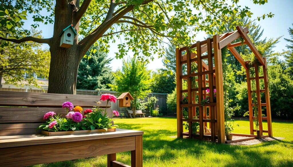 A bright and airy outdoor scene showcasing a variety of DIY garden projects made from scrap wood. In the foreground, a rustic wooden bench and a vertical planter filled with colorful flowers, both crafted from reclaimed wood, invite creativity. In the middle ground, a simple birdhouse with a charming, whimsical design hangs from a tree branch, while a handmade garden trellis supports climbing plants. The background features a lush green lawn and a clear blue sky, with soft sunlight filtering through the leaves, creating a warm and welcoming atmosphere. The composition is captured at eye level using a wide-angle lens to emphasize the vibrant colors and textures of the wooden projects, evoking a sense of inspiration for beginner DIY enthusiasts.