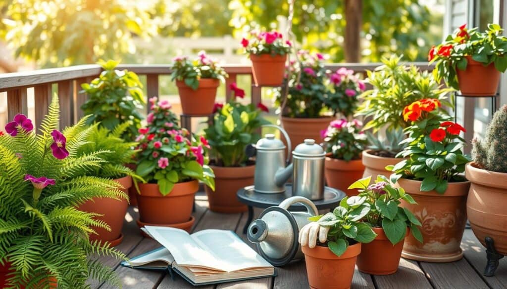 A bright and airy patio scene featuring an assortment of healthy potted plants in various sizes and styles, arranged thoughtfully on a wooden deck. In the foreground, vibrant green ferns and colorful flowering plants, such as petunias and geraniums, spill over their rustic terracotta pots. In the middle, a stylish watering can and a pair of gardening gloves rest on a small table, along with a notebook open to maintenance tips. The background showcases a sun-dappled outdoor setting with soft sunlight filtering through leaves, casting gentle shadows. Capture this scene with a slight tilt-angle lens to enhance depth, creating a warm, inviting atmosphere that encourages home gardening. The overall mood is peaceful and inspiring, ideal for someone looking to maintain their patio potted plants. A bright and airy patio scene featuring an assortment of healthy potted plants in various sizes and styles, arranged thoughtfully on a wooden deck. In the foreground, vibrant green ferns and colorful flowering plants, such as petunias and geraniums, spill over their rustic terracotta pots. In the middle, a stylish watering can and a pair of gardening gloves rest on a small table, along with a notebook open to maintenance tips. The background showcases a sun-dappled outdoor setting with soft sunlight filtering through leaves, casting gentle shadows. Capture this scene with a slight tilt-angle lens to enhance depth, creating a warm, inviting atmosphere that encourages home gardening. The overall mood is peaceful and inspiring, ideal for someone looking to maintain their patio potted plants.