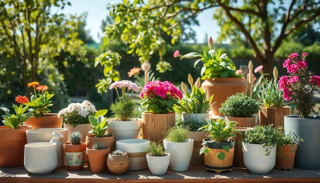 A bright and airy scene of a diverse array of containers for gardening, displayed on a wooden table outdoors. In the foreground, an assortment of ceramic, wooden, and plastic pots, some filled with vibrant flowers, leafy greens, and herbs, demonstrating proper plant choices for each container type. The middle ground features a lush garden with sunlight filtering through tree leaves, casting delicate shadows. In the background, a clear blue sky enhances the uplifting atmosphere. Soft sunlight bathes the entire scene, creating a warm, inviting feel. The composition is shot from a slightly elevated angle, showcasing the importance of choosing appropriate containers while emphasizing innovative designs and sizes suited for various plants.
