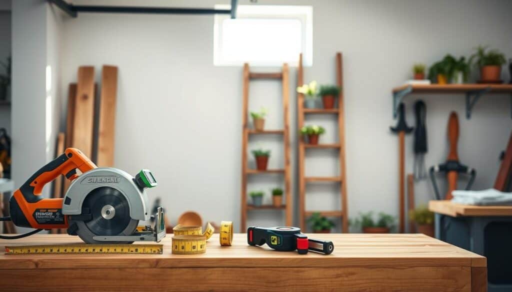 A bright and airy workspace filled with essential tools for a DIY vertical planter project. In the foreground, a wooden workbench showcases a circular saw, measuring tape, level, and safety goggles, all in pristine condition. In the middle, two old wooden boards are leaning against the wall, suggesting a ladder-style planter design, while small potted plants are positioned nearby, hinting at the final product. The background features a well-lit garage bathed in soft sunlight streaming through a window, highlighting the warm wood tones and metal tools. The atmosphere is inviting and creative, ideal for inspiring DIY enthusiasts to embark on their own projects. Emphasize realistic detail, ensuring a professional yet casual feel.