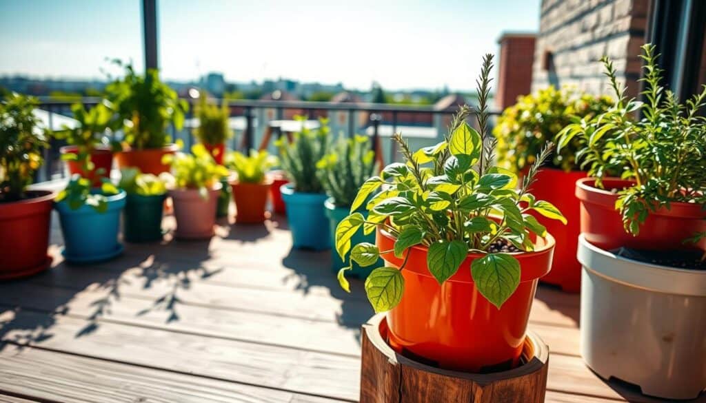 A bright, inviting container herb garden situated on a wooden balcony, showcasing various herbs such as basil, rosemary, and thyme arranged in colorful pots. In the foreground, focus on a vibrant basil plant, its leaves glistening in the soft sunlight. The middle ground features an array of herb containers with different heights, all thriving in a natural light setting, emphasizing their need for sunlight. The background reveals a cozy urban landscape with a clear blue sky and distant buildings, enhancing the garden's charm. Set the scene with soft shadows cast by the afternoon sun, creating a warm and cheerful atmosphere, ideal for a beginner gardener to visualize the perfect location for their herb garden. Use a wide-angle lens to capture the whole setup, emphasizing the bright and airy feel of the space. A bright, inviting container herb garden situated on a wooden balcony, showcasing various herbs such as basil, rosemary, and thyme arranged in colorful pots. In the foreground, focus on a vibrant basil plant, its leaves glistening in the soft sunlight. The middle ground features an array of herb containers with different heights, all thriving in a natural light setting, emphasizing their need for sunlight. The background reveals a cozy urban landscape with a clear blue sky and distant buildings, enhancing the garden's charm. Set the scene with soft shadows cast by the afternoon sun, creating a warm and cheerful atmosphere, ideal for a beginner gardener to visualize the perfect location for their herb garden. Use a wide-angle lens to capture the whole setup, emphasizing the bright and airy feel of the space.