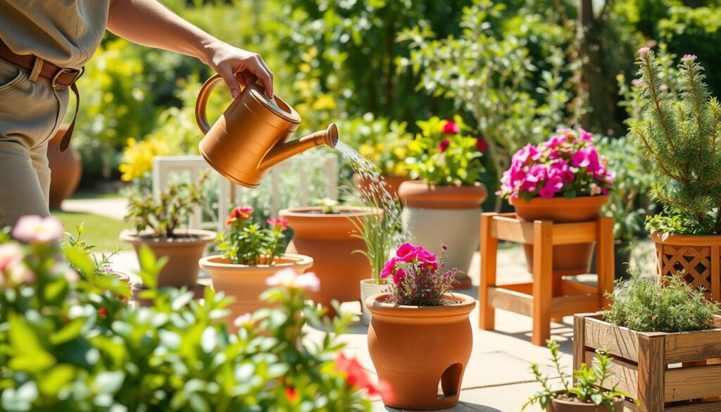 A bright, sunlit garden scene featuring various container plants, showcasing different watering techniques. In the foreground, a person in modest casual clothing is gently watering a large terracotta pot filled with vibrant flowers, utilizing a watering can with a fine spout. In the middle ground, several strategically placed containers are visible, including ceramic and wooden planters, each with unique plant varieties, illustrating proper hydration methods such as drip irrigation and self-watering systems. The background reveals a lush garden with greenery and soft sunlight filtering through, creating an inviting and serene atmosphere. The overall mood is one of tranquility and care, emphasizing the importance of keeping container plants hydrated during summer. Focus on realistic details and textures, enhancing the home gardening theme with high clarity and a warm color palette.