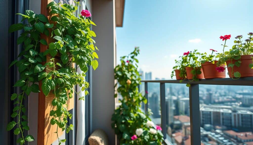 A captivating vertical potted plant gardening scene set in a cozy urban balcony. In the foreground, vibrant green plants cascading from a wooden vertical planter, showcasing herbs like basil and parsley alongside colorful flowers like petunias and geraniums. The middle ground features a sleek, modern railing with additional hanging pots, all bathed in soft, natural sunlight filtering through sheer curtains. The background presents a distant view of a city skyline under a bright blue sky, enhancing the feeling of serene urban living. The image captures an inviting, fresh atmosphere with a focus on maximizing small spaces through innovative gardening techniques, evoking a sense of tranquility and positivity. A captivating vertical potted plant gardening scene set in a cozy urban balcony. In the foreground, vibrant green plants cascading from a wooden vertical planter, showcasing herbs like basil and parsley alongside colorful flowers like petunias and geraniums. The middle ground features a sleek, modern railing with additional hanging pots, all bathed in soft, natural sunlight filtering through sheer curtains. The background presents a distant view of a city skyline under a bright blue sky, enhancing the feeling of serene urban living. The image captures an inviting, fresh atmosphere with a focus on maximizing small spaces through innovative gardening techniques, evoking a sense of tranquility and positivity.