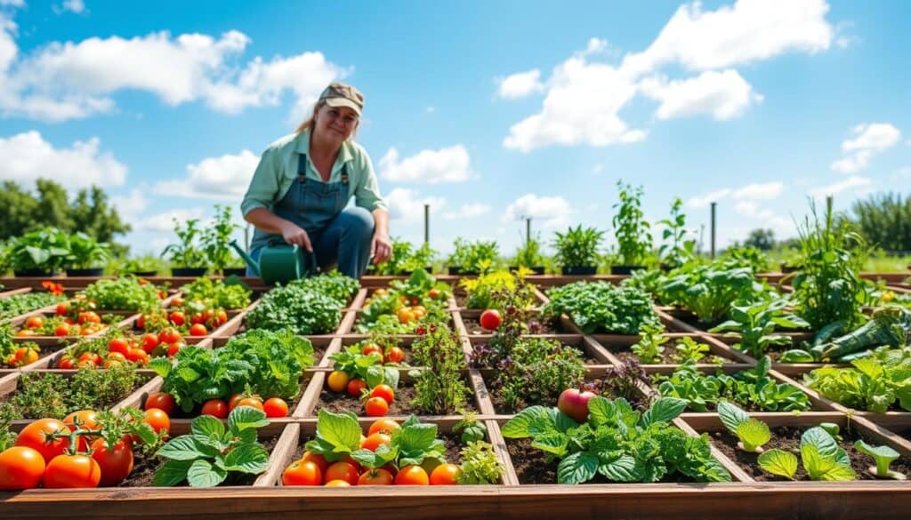 A carefully arranged square foot gardening layout featuring a classic grid system. In the foreground, vibrant square plots filled with a variety of vegetables—tomatoes, lettuce, peppers, and herbs—are neatly organized within a wooden raised bed. Each square section is clearly defined with clear lines, showcasing a healthy mix of colors and textures. The middle ground includes a gardener in modest casual clothing, thoughtfully tending to the plants with a small hand tool, while a watering can rests beside them. The background features a bright blue sky with soft white clouds, allowing natural sunlight to illuminate the scene. The atmosphere is cheerful and inviting, perfect for illustrating the concept of maximizing gardening space in a home setting. The composition is well-balanced, capturing the essence of a productive and organized raised bed garden.