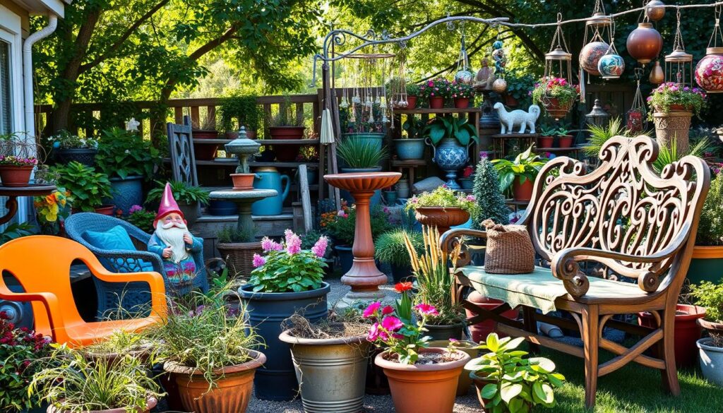 A chaotic garden scene depicting various outdoor decor mistakes, showcasing mismatched styles and a lack of cohesion. In the foreground, an assortment of clashing garden furniture, including a bright orange plastic chair next to an ornate wooden bench, surrounded by mismatched planters filled with overgrown weeds and wilted flowers. The middle ground features a haphazard arrangement of décor elements like a whimsical garden gnome, a rusty birdbath, and a colorful but disjointed display of hanging ornaments. The background is filled with a disorganized array of potted plants that clash in color and style, under soft sunlight filtering through leafy trees. The overall mood is one of confusion and clutter, captured in bright natural light with an airy atmosphere, emphasizing the theme of outdoor décor mistakes.