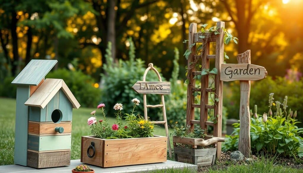 A charming DIY outdoor garden scene showcasing creative decor ideas made from scrap wood. In the foreground, display an artistic birdhouse crafted from assorted reclaimed wood, painted in soft pastel colors. Beside it, a rustic planter box filled with vibrant flowers and herbs. In the middle ground, feature a unique wooden trellis adorned with climbing vines, along with a whimsical garden sign crafted from distressed wood. The background reveals a serene garden filled with lush greenery and a soft, warm glow of golden sunlight filtering through the trees, creating an inviting atmosphere. Capture this scene with a slight depth of field, emphasizing the decor in crisp detail while softly blurring the distant foliage, evoking a cozy, creative mood amidst nature.