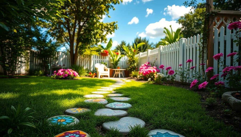 A charming DIY stepping stone path winding through a lush green backyard garden, set in the foreground with intricately designed, hand-painted stones, featuring vibrant colors and floral motifs. In the middle ground, the path leads towards a cozy seating area nestled between blooming flower beds, with soft sunlight filtering through the trees, creating a warm and inviting ambiance. The background includes a white picket fence and a blue sky dotted with fluffy clouds, enhancing the serene atmosphere. The entire scene is captured with a shallow depth of field to emphasize the details of the stepping stones, while maintaining an airy and well-lit feel, evoking a sense of tranquility and creativity. A charming DIY stepping stone path winding through a lush green backyard garden, set in the foreground with intricately designed, hand-painted stones, featuring vibrant colors and floral motifs. In the middle ground, the path leads towards a cozy seating area nestled between blooming flower beds, with soft sunlight filtering through the trees, creating a warm and inviting ambiance. The background includes a white picket fence and a blue sky dotted with fluffy clouds, enhancing the serene atmosphere. The entire scene is captured with a shallow depth of field to emphasize the details of the stepping stones, while maintaining an airy and well-lit feel, evoking a sense of tranquility and creativity.