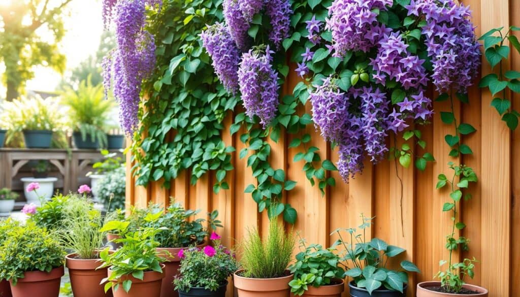 A charming and inviting vertical garden setup featuring a wooden fence adorned with vibrant climbing plants like wisteria, honeysuckle, and clematis. In the foreground, there are well-organized pots with herbs and flowering plants, displaying various textures and colors. The middle ground showcases the lush plants cascading over the fence, their foliage creating a stunning backdrop. The background includes a tranquil garden scene with soft sunlight filtering through leaves, casting delicate shadows. The atmosphere is serene and inspiring, emphasizing the beauty of vertical gardening for small spaces. The image is captured from a slightly elevated angle, with a focus on the vibrant colors and natural light, enhancing the overall bright and airy feel.