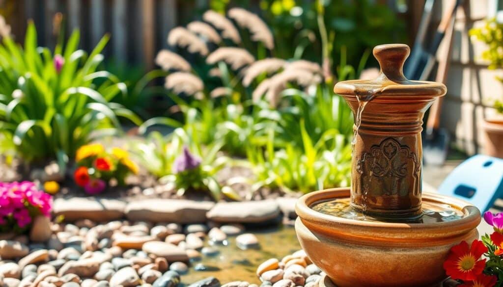A charming backyard scene depicting a small water feature under a budget-friendly $100 theme. In the foreground, showcase a simple yet elegant DIY fountain made from a decorative ceramic pot, gently bubbling with clear water. Surround it with pebbles and colorful flowers for a vibrant touch. In the middle ground, a well-kept garden filled with lush green plants and ornamental grasses evokes a serene atmosphere. Soft sunlight filters through the leaves, creating gentle reflections on the water's surface. In the background, a wooden fence or trellis adds depth, while a few garden tools are neatly arranged nearby. The overall mood is inviting and tranquil, emphasizing accessible landscaping ideas. A charming backyard scene depicting a small water feature under a budget-friendly $100 theme. In the foreground, showcase a simple yet elegant DIY fountain made from a decorative ceramic pot, gently bubbling with clear water. Surround it with pebbles and colorful flowers for a vibrant touch. In the middle ground, a well-kept garden filled with lush green plants and ornamental grasses evokes a serene atmosphere. Soft sunlight filters through the leaves, creating gentle reflections on the water's surface. In the background, a wooden fence or trellis adds depth, while a few garden tools are neatly arranged nearby. The overall mood is inviting and tranquil, emphasizing accessible landscaping ideas.