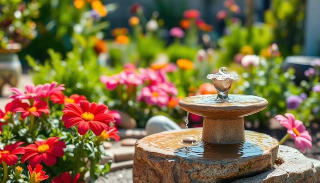A charming budget-friendly garden water feature designed for a small outdoor space. In the foreground, a simple, elegant fountain made of natural stone, with water gently bubbling atop, surrounded by vibrant flowers in full bloom. In the middle, lush greenery and a few decorative pebbles enhance the tranquil scene, creating a harmonious connection with nature. The background features a soft-focus, sunny garden area filled with colorful plants, under a clear blue sky that bathes the scene in warm, inviting light. A hint of sunlight sparkles on the water's surface, reflecting its tranquil atmosphere. Capture the serenity and beauty that every garden can experience with an affordable water element. A charming budget-friendly garden water feature designed for a small outdoor space. In the foreground, a simple, elegant fountain made of natural stone, with water gently bubbling atop, surrounded by vibrant flowers in full bloom. In the middle, lush greenery and a few decorative pebbles enhance the tranquil scene, creating a harmonious connection with nature. The background features a soft-focus, sunny garden area filled with colorful plants, under a clear blue sky that bathes the scene in warm, inviting light. A hint of sunlight sparkles on the water's surface, reflecting its tranquil atmosphere. Capture the serenity and beauty that every garden can experience with an affordable water element.